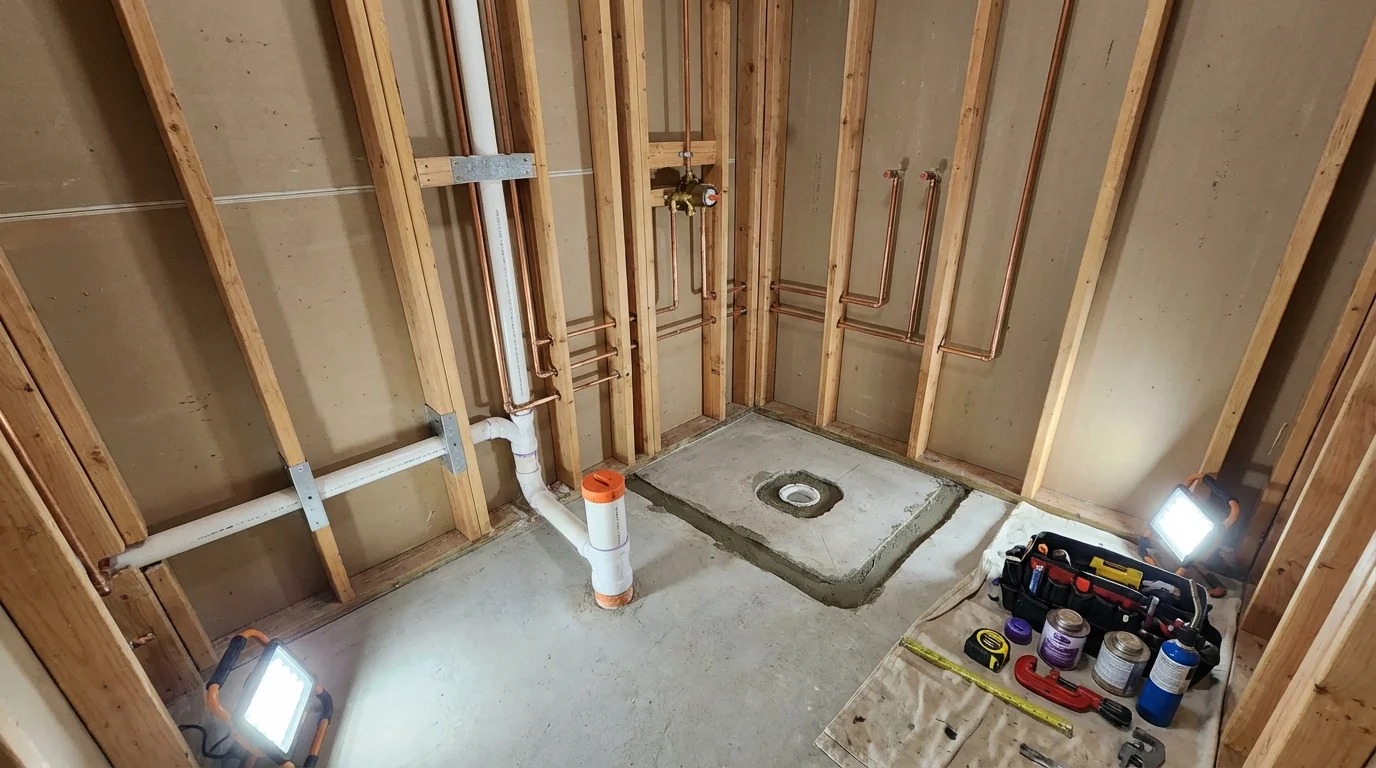 Bathroom rough-in plumbing during remodel by Johns Plumbing LLC in Southport