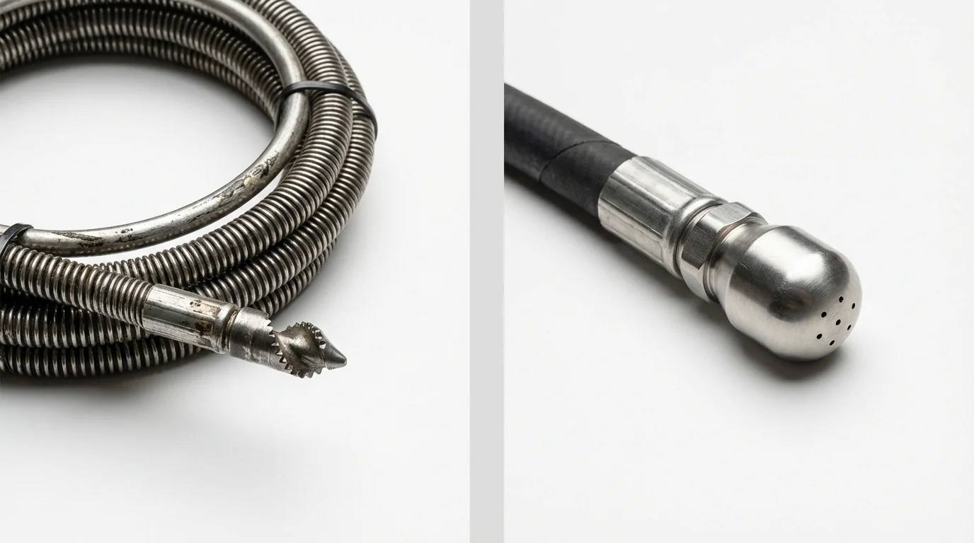 Drain snake cable and hydro jetting nozzle used for drain cleaning in Southport, NC