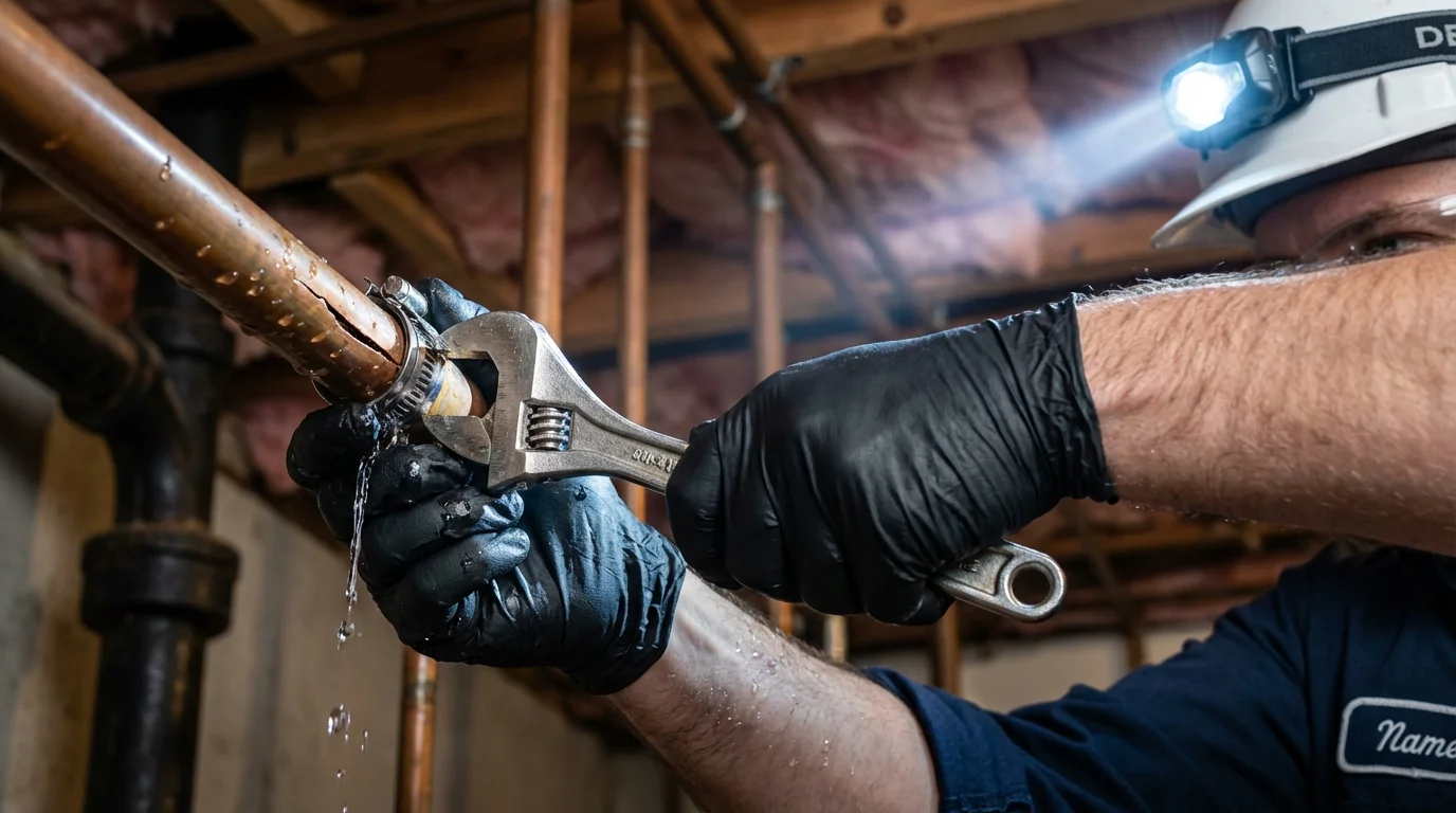 Emergency pipe clamp repair being performed by a Johns Plumbing LLC plumber in Southport