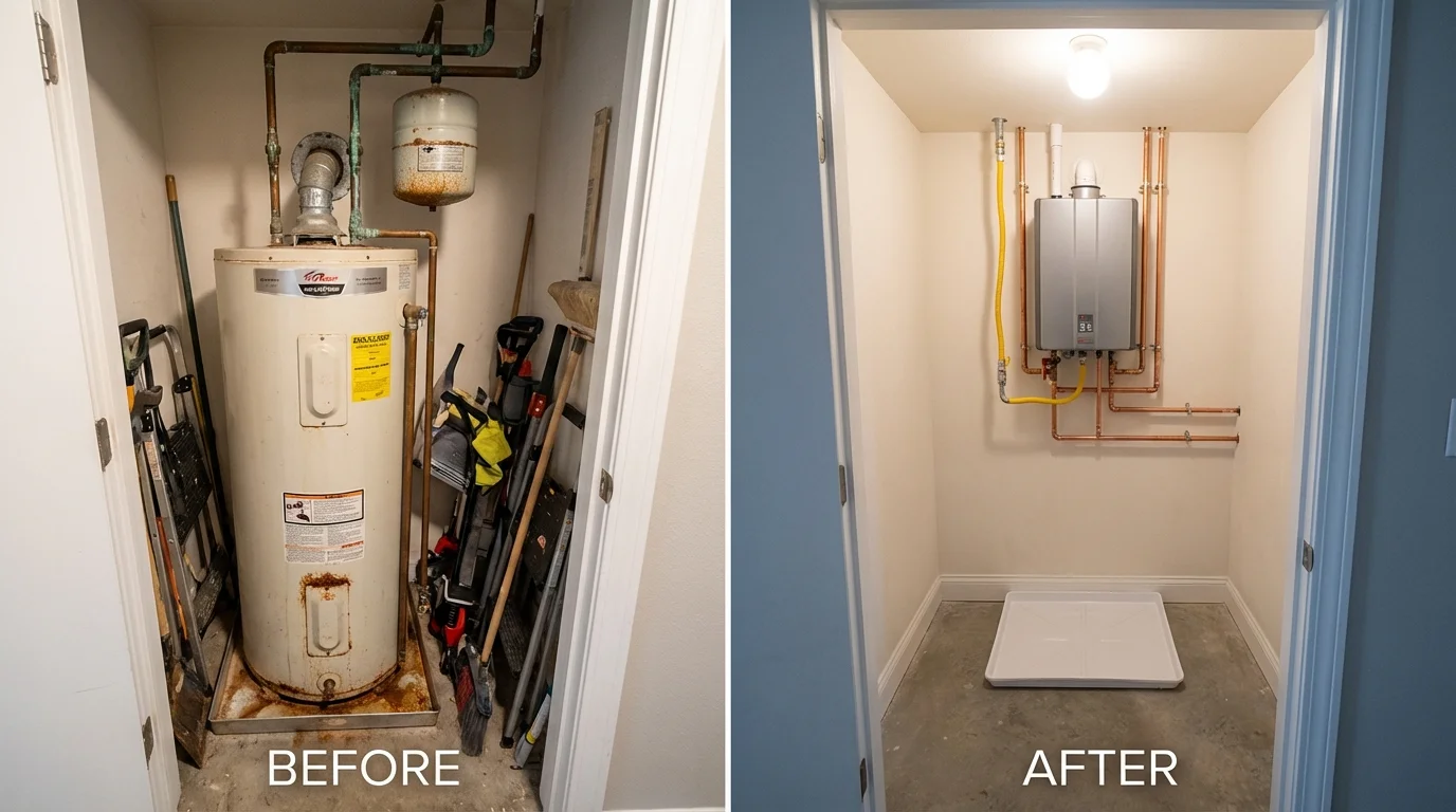 Tank water heater versus wall-mounted tankless unit comparison for Southport, NC homeowners