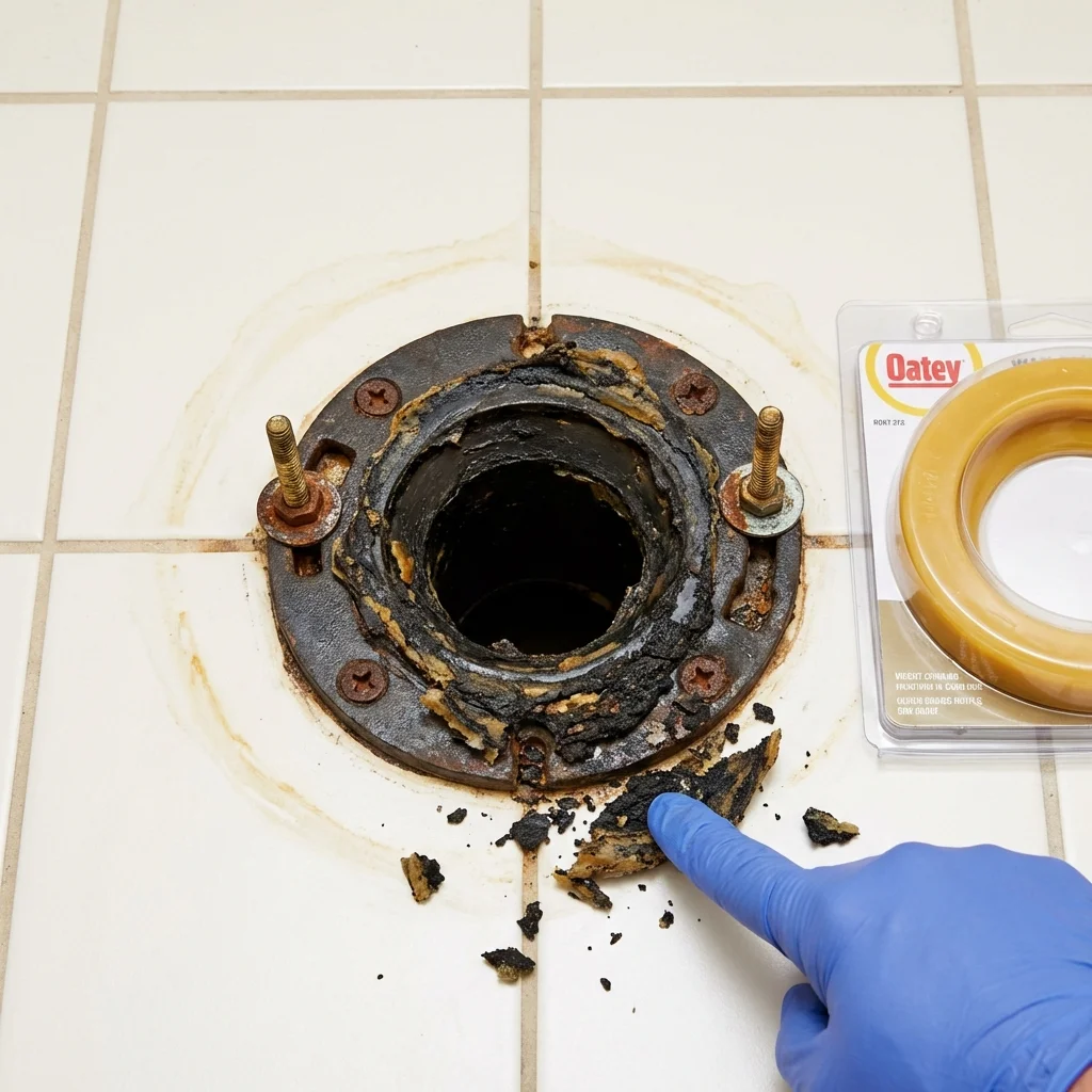 Failed wax ring showing water seepage at the base of a toilet in a Southport, NC home